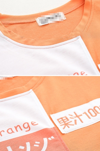 Pretty Womens Three Quarter Sleeve Round Neck Orange Japanese Letter Graphic Color Block Relaxed Fit T-Shirt in Orange