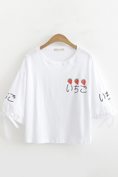 Simple Kawaii Girls Bow Tied Sleeves Round Neck Strawberry Japanese Letter Graphic Loose T Shirt
