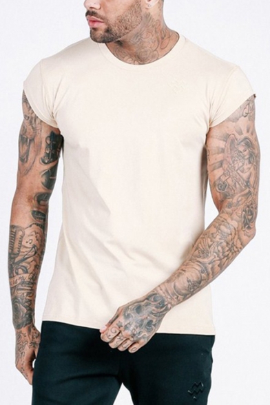 Simple Solid Color Short Sleeve Crew Neck Slim Fitted T-Shirt for Muscle Men