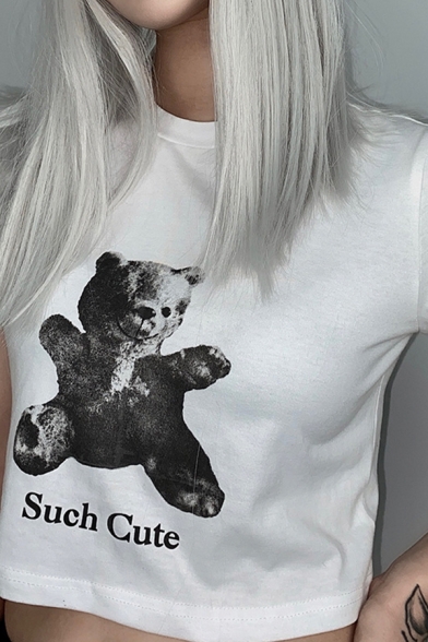 Summer Basic Women's Short Sleeve Crew Neck Letter SUCH CUTE Bear Graphic Regular Fit T-Shirt in White