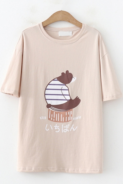 Trendy Womens Short Sleeve Round Neck Japanese Letter Bear Graphic Loose Fit T Shirt