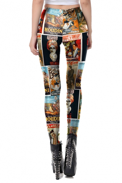 Unique Womens Mid Rise All Over Posters Print Ankle Length Stretchy Slim Fit Leggings in Black