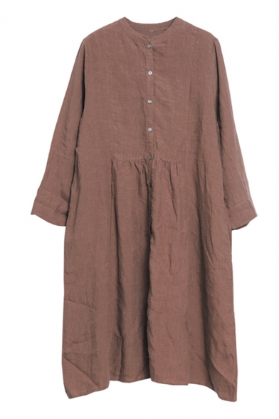 Vintage Womens Long Sleeve Crew Neck Button Down Linen and Cotton Asymmetric Hem Maxi Swing Dress in Coffee