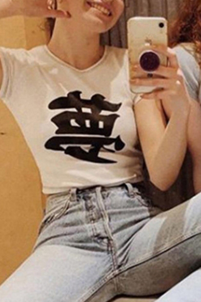Womens Simple Short Sleeve Crew Neck Chinese Letter Print Slim Fit Crop Tee Top in White