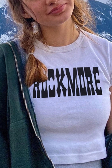 Womens Simple Short Sleeve Crew Neck Letter ROCK MORE Print Regular Crop White T-Shirt