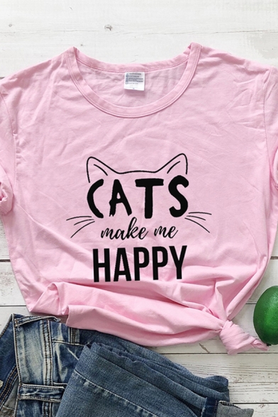 Casual Girls Short Sleeve Crew Neck Letter CATS MAKE ME HAPPY Cat Graphic Relaxed Fit T-Shirt