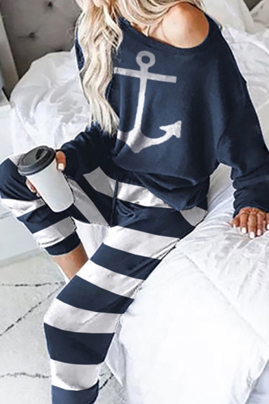 Casual Popular Girls Long Sleeve Drop Shoulder Anchor Print Loose Tee & Striped Cuffed Relaxed Trousers