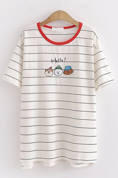 Casual Womens Short Sleeve Round Neck Letter HELLO Cartoon Graphic Striped Contrasted Slit Side Relaxed Fit Tee Top