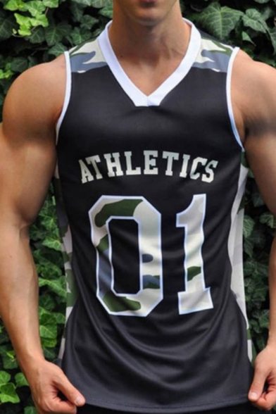 Cool Sleeveless Letter ATHLETICS 01 Camo Printed Panel Relaxed Tank Top for Mens