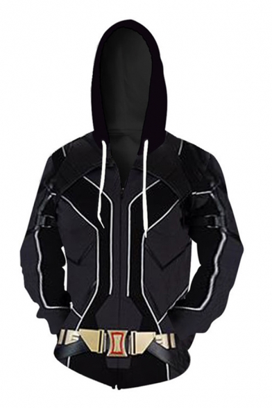 Cool Popular Boys Long Sleeve Drawstring Zipper Front Black Widow Cosplay Geo 3D Belt Print Relaxed Hoodie