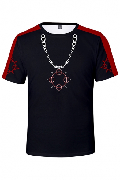 Fashion Cool Short Sleeve Crew Neck Kingdom Hearts Pattern Contrasted Relaxed T Shirt in Black