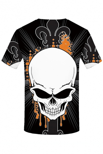 Fashionable Mens Short Sleeve Round Neck Cartoon Skull Patterned Relaxed Fit T-Shirt in Black