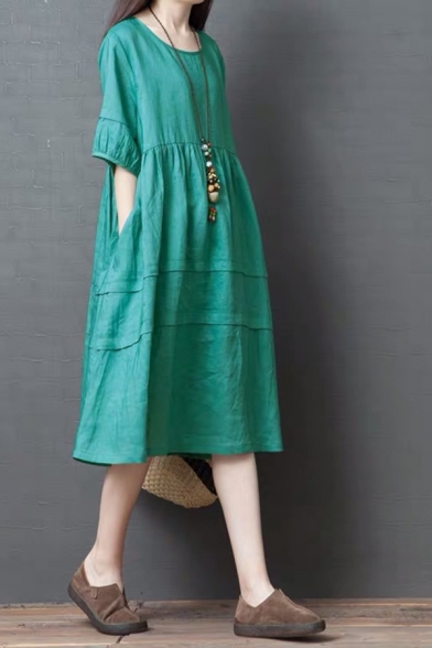 

Leisure Womens Short Sleeve Round Neck Linen and Cotton Patched Maxi Pleated Swing Dress in Green, LM607453