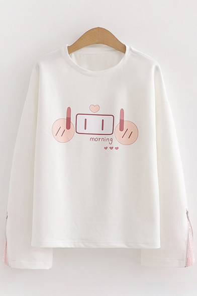 Lovely Womens White Long Sleeve Letter MORNING Pig Graphic Zipper Detail Loose Fit Pullover Sweatshirt