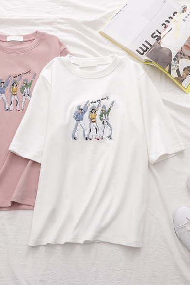 Popular Girls Short Sleeve Round Neck Letter THEY ARE DANCE Cartoon Embroidered Relaxed Fit T-Shirt