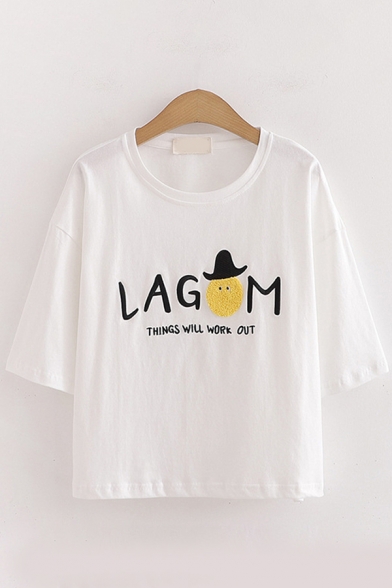 Popular Womens Short Sleeve Round Neck Letter LAGM THINGS WILL WORK OUT Cartoon Graphic Loose Tee Top