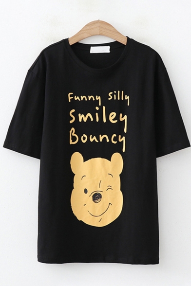 Preppy Girls Short Sleeve Round Neck Letter FUNNY SILLY SMILEY BOUNCY Bear Graphic Loose Fit T Shirt