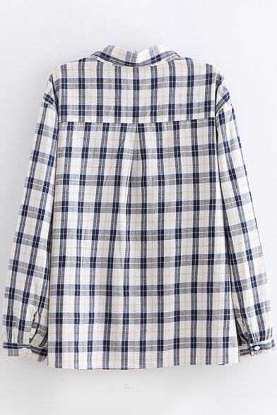 Preppy Looks Long Sleeve Lapel Collar Button Down Cartoon Avocado Embroidery Checkered Print Relaxed Shirt