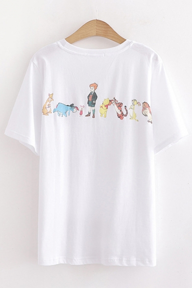 Simple Fashion Girls Short Sleeve Round Neck Cartoon Patterned Relaxed Fit T Shirt