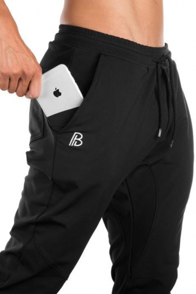 Simple Trendy Muscle Guys Drawstring Waist Letter B Print Slim Fitted Long Sweatpants