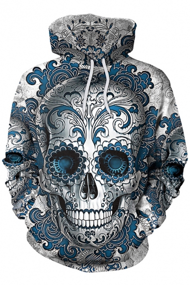 Trendy Blue Long Sleeve Drawstring Skull Flower 3D Patterned Pouch Pocket Loose Hoodie for Boys