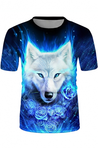 Trendy Boys Short Sleeve Crew Neck Flower Wolf 3D Printed Loose Fit T Shirt in Blue