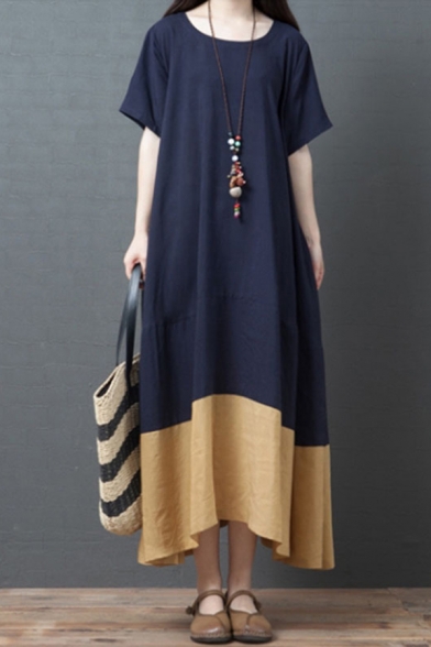 Vintage Womens Short Sleeve Round Neck Color Block Linen and Cotton Maxi Oversize Tee Dress in Navy