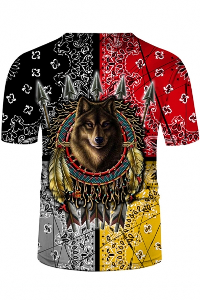 Africa Mens Short Sleeve Crew Neck Tribal Wolf Floral 3D Printed Colorblock Relaxed T-Shirt in Black