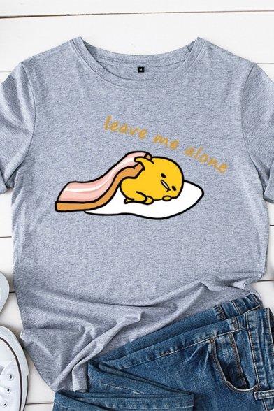 Basic Girls Rolled Short Sleeve Round Neck Letter LEAVE ME ALONE Lazy Egg Graphic Loose Fit T Shirt