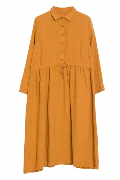 Casual Womens Long Sleeve Lapel Collar Button Up Pockets Side Linen and Cotton Maxi Plain Swing Shirt Dress