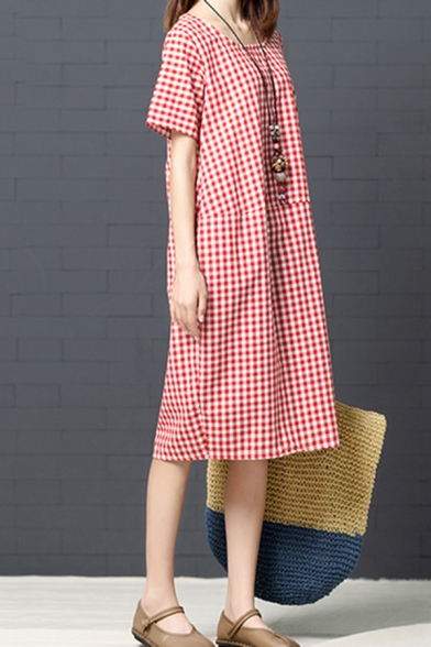 Casual Womens Short Sleeve Round Neck Plaid Patterned Cotton and Linen Midi Oversize Dress