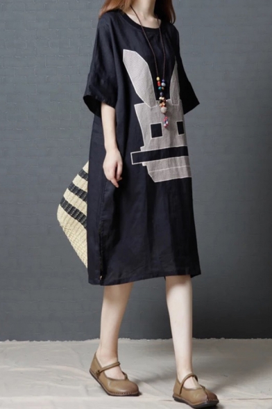 Casual Womens Short Sleeve Round Neck Rabbit Patterned Linen and Cotton Slit Sides Long Oversize Black Dress