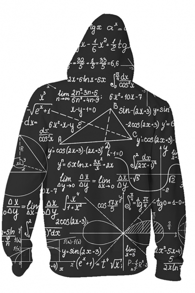 Chic Black Long Sleeve Zip Up Drawstring Formula Printed Relaxed Fit Hoodie for Boys
