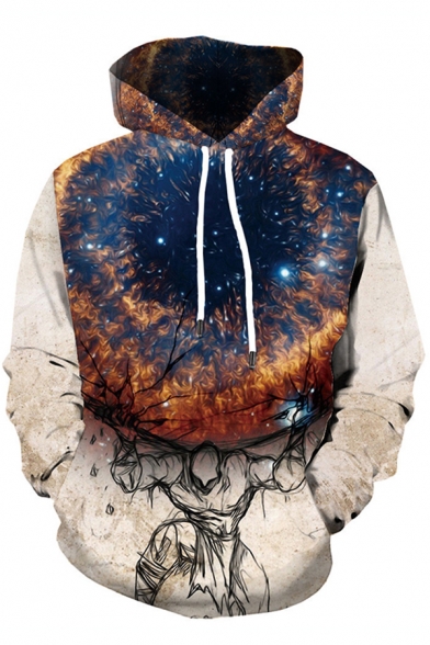 Chic Cool Long Sleeve Drawstring 3D Abstract Galaxy Print Loose Fit White Hoodie with Pocket