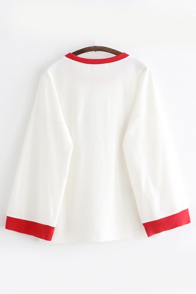 Chic Fashionable Girls Long Sleeve Round Neck Strawberry Lemon Patchwork Japanese Letter Contrasted Piped Relaxed Tee