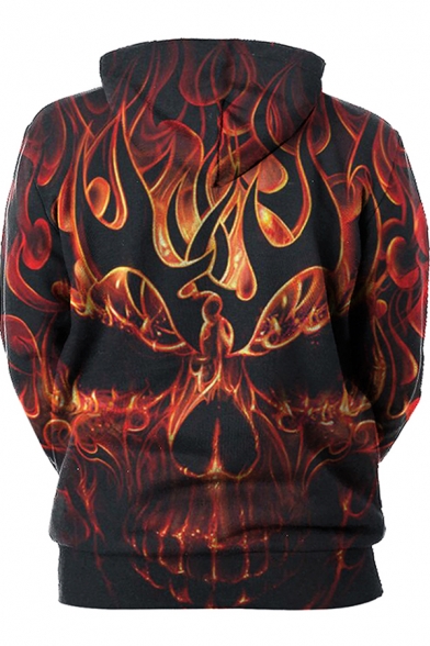 Cool Fashion Long Sleeve Drawstring Skull Flame 3D Pattern Loose Fit Hoodie in Gold