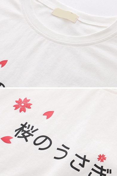 Cute Girls Three-Quarter Sleeve Round Neck Japanese Letter Floral Graphic Relaxed Fit T-Shirt