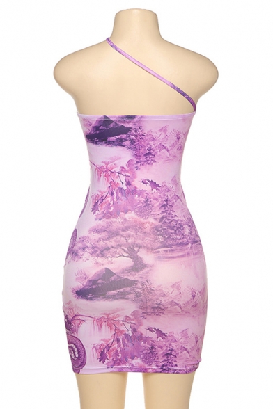 Edgy Ladies Purple Sleeveless Irregular Halter Allover Flower Pattern Cut Out Slit Side Mini Fit Cami Dress