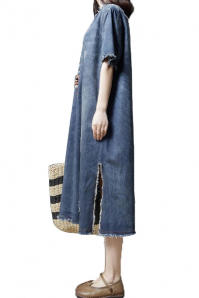 Fashion Denim Blue Short Sleeve Round Neck Raw Edge Slit Side Patchwork Maxi Oversize Denim Dress for Girls