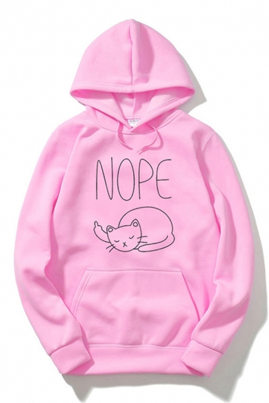 Fashionable Boys Long Sleeve Drawstring Letter NOPE Cat Graphic Pouch Pocket Loose Hoodie