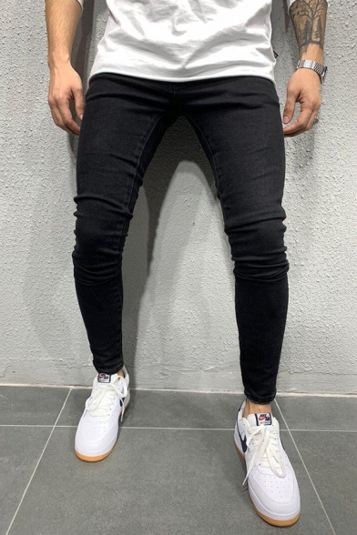 Fashionable Cool Mid Rise Solid Color Ankle Length Skinny Jeans in Black
