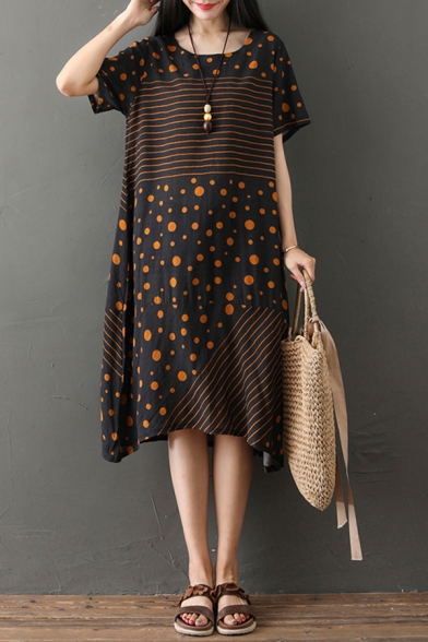 Fashionable Girls Short Sleeve Round Neck Polka Dot Stripe Patterned Cotton and Linen Maxi Oversize Dress