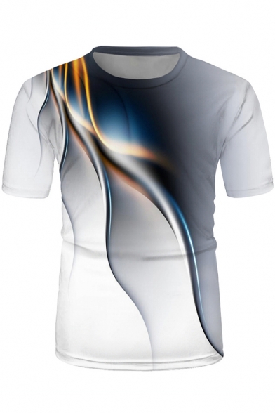 Fashionable Mens Short Sleeve Crew Neck Aurora 3D Pattern Loose T-Shirt in White