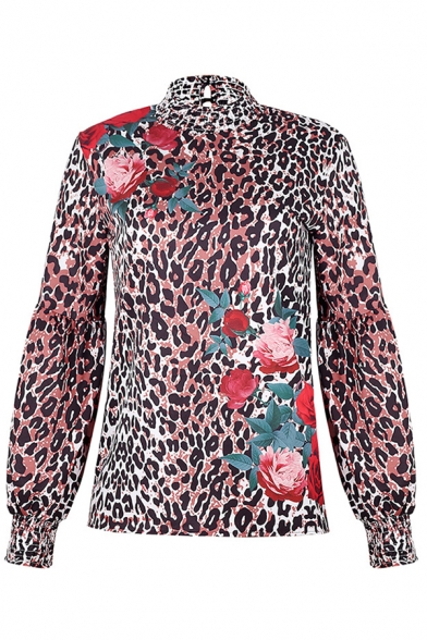 Fashionable Womens Blouson Sleeve Mock Neck Floral Leopard Patterned Cut Out Back Relaxed Fit Blouse Top