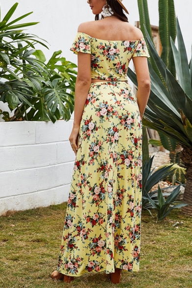 Gorgeous Womens Short Sleeve Off the Shoulder All Over Flower Print Slim Fit Top & Slit Sides Maxi A-Line Skirt Two Piece Sets in Yellow