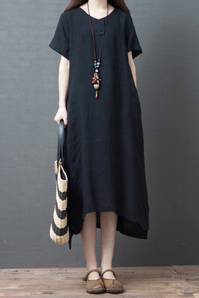 Leisure Classic Solid Color Short Sleeve Round Neck Button Up Cotton and Linen Slit Side Maxi Oversize Dress for Ladies