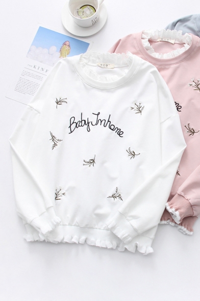 Leisure Cute Long Sleeve Letter BABY IM HOME Floral Graphic Stringy Selvedge Relaxed Pullover Sweatshirt for Girls