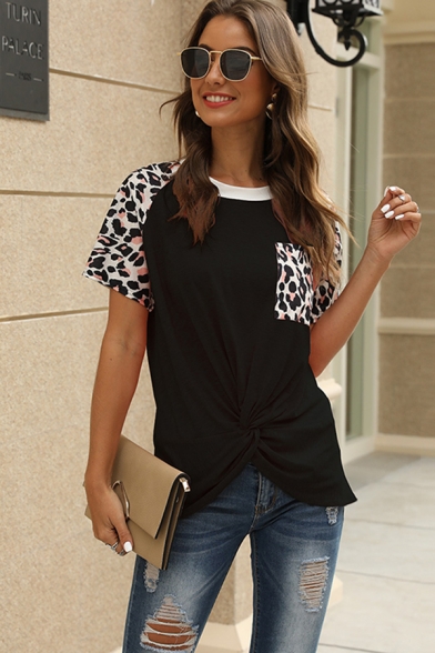 Leisure Trendy Ladies Short Sleeve Round Neck Leopard Printed Twist Front Contrasted Fitted Tee Top