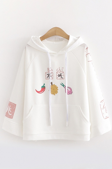 Lovely Preppy Girls Long Sleeve Drawstring Chinese Letter Cartoon Graphic Relaxed Hoodie