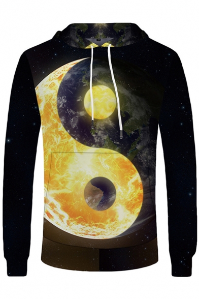Mens Fashionable Long Sleeve Drawstring Yin Yang Planet 3D Printed Relaxed Fit Hoodie in Black